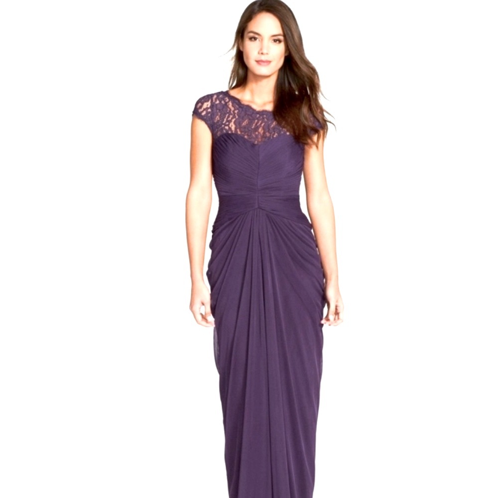 NWT Deep Plum Adrianna Pappell Long Ruched and Lace Gown, Size 6